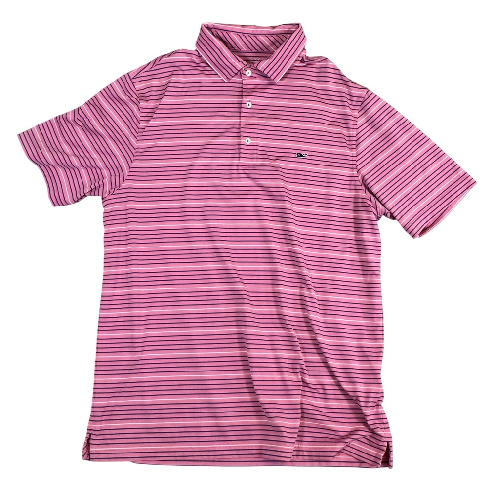 Vineyard Vines Performance Polo Mens Large Pink Navy Striped Golf Shirt L Slv